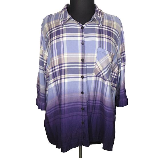 Catherines Purple Plaid Button Up Collared Shirt Plus Size 3X PETITE - Picture 1 of 8